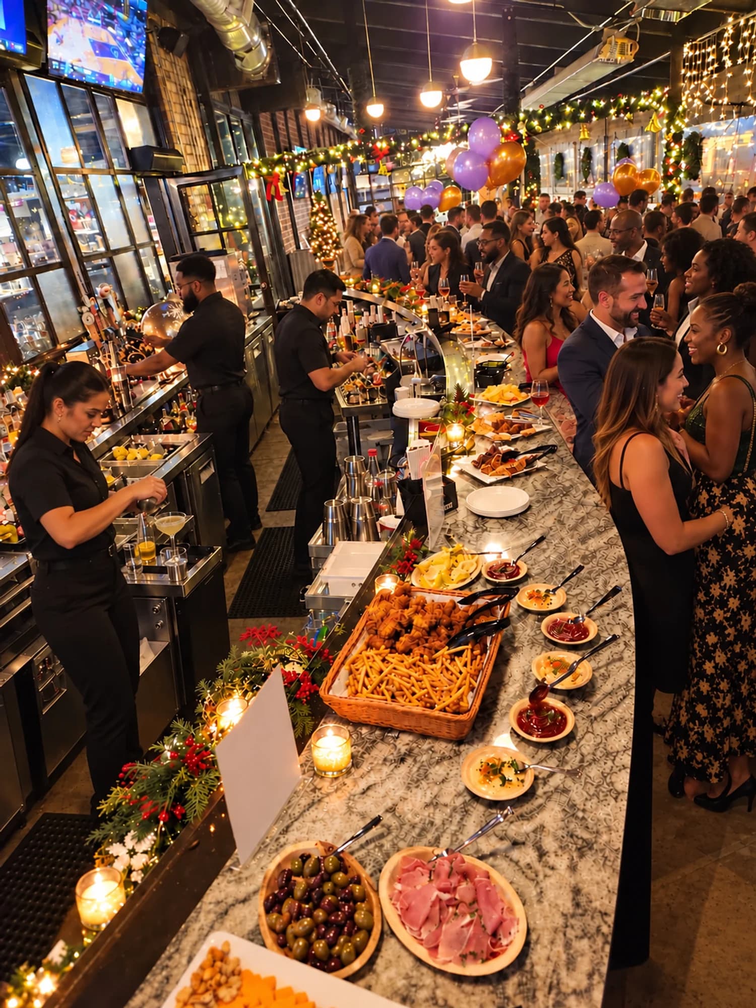 Bartenders and guests around a catered buffet and bar at a private event